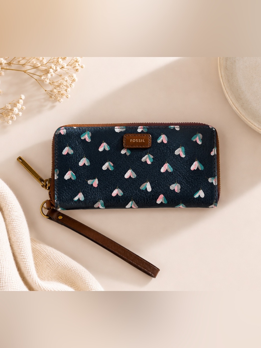 Fossil Navy Wristlet Wallet with Pink and Teal Heart Motif